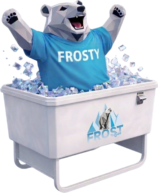 Mascota Frost Coolers invitándote a solicitar información sobre renta de hieleras